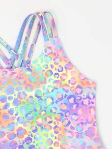 1 pieza Traje de baño de una sola pieza con estampado de leopardo en degradado de colores para niñas, diseño de espalda cruzada, estilo enérgico de verano para la piscina - Multicolor - Ver 5