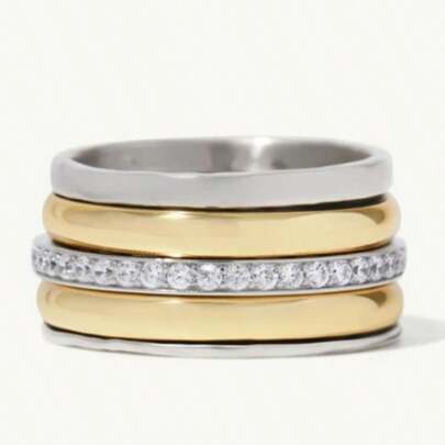 Fashionable Minimalist Dual-Tone Multi-Layer Smooth Ring Set, Inlaid With White Synthetic Cubic Zirconia, Exquisite Versatile Jewelry Accessory