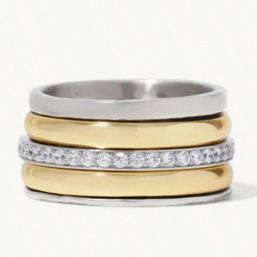 Fashionable Minimalist Dual-Tone Multi-Layer Smooth Ring Set, Inlaid With White Synthetic Cubic Zirconia, Exquisite Versatile Jewelry Accessory - Two-color - View 1