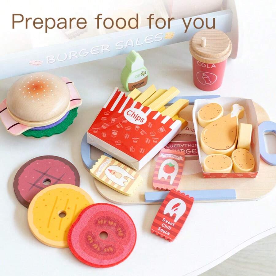 儿童汉堡和薯条仿真食物套装，木制模拟厨房玩具，适合男孩女孩生日节日礼物