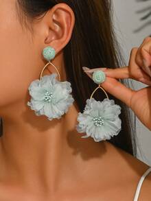 1 Pair Mori Style Sweet Fresh Floral Raffia Fabric Flower Tassel Earrings, Suitable For Women's Vacation And Daily Wear - Green - View 1