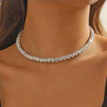 1 pieza Gargantilla de mujer con cristales de rhinestone completos, versátil para vestido de noche, cadena de cuello fija - Plateado - Ver 2