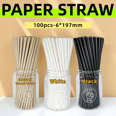 1/100 Fashionable Disposable Paper Straws, Available In Black/White/Natural Wood Colors, Paper, Odorless, Suitable For Coffee, Juice, Milk Tea, Birthday Parties, Wedding Decoration, Family Gatherings, Outdoor Picnics, Coffee Shops, Medium Diameter, Candy Support Stick, Perfect For New Year's, Valentine's Day, Graduation Ceremony, Mother's Day Parties