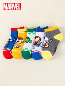 Marvel 5 Pairs Set Thor Pattern Children's Socks, Ruffle Socks, Black & White Striped Mid-Calf Socks, Girls & Boys Short Socks, Soft Breathable Ankle Socks, Non-Slip Boat Socks, Cartoon Ankle Socks, Suitable For Halloween, Valentine's Day - Multicolor - View 4