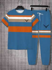 Plus Size Men's Exclusive Blue & Orange Contrast Striped Logo Short Sleeve & Drawstring Pants Set, Loose Fit Slimming Energetic 2-Piece Outfit, Round Neck Tee With Casual Long Pants - 彩色 - 查看 2