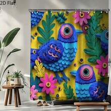 1pc Colorful Tropical Bird Flat Pattern Shower Curtain, Vivid Ceramic Effect Bird And Floral Pattern, Spring Tropical Style, Includes Hooks, Size 70.8 X 70.8 Inches, Bathroom And Home Decor - A - View 4