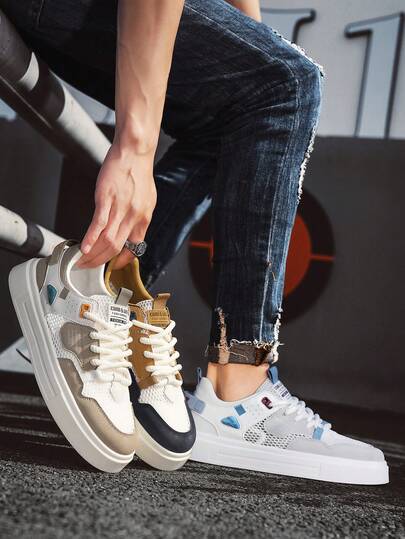 Men's Breathable Mesh Panel Sneakers, Thick Sole Casual Shoes, Lightweight And Versatile For Summer, Featuring Molded Decoration And Woven Heel Strap For A Fashionable Look, Ideal Choice For The Younger Generation