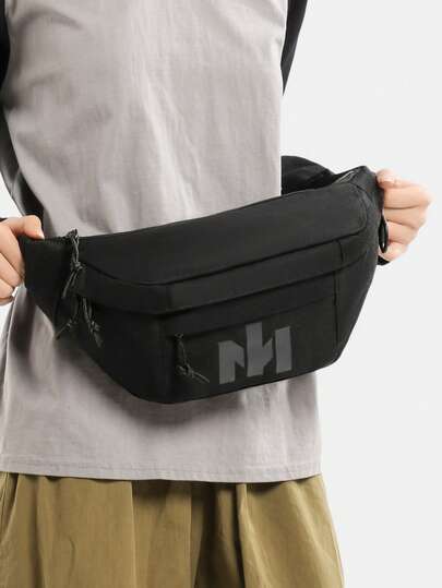 1 pieza Bolso de pecho de estilo deportivo con estampado de letras de moda para hombre, riñonera casual minimalista para uso al aire libre