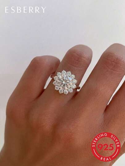 1pc Classic Elegant Floral Diamond Ring, Engagement/Holiday Gift, S925 Sterling Silver Jewelry