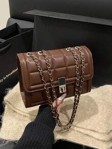 Túi xách nhỏ thời trang dành cho nữ, mẫu mới về, túi đeo vai kẻ caro, túi đeo chéo vuông tối giản có dây xích. - Cà phê nâu - Xem 11