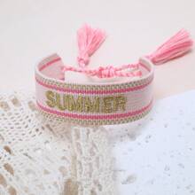 1条复古刺绣“SUMMER”字样手工编织波西米亚风手链，适合送给家人、朋友、学生，也适合旅行和派对佩戴。 - 淺粉色 - 查看 6