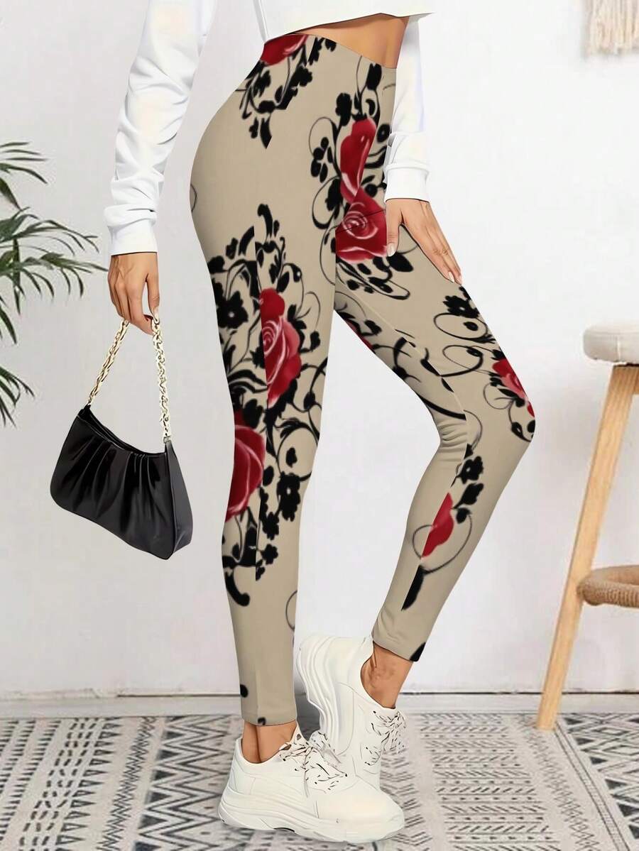 Women's Sexy Rose Print Leggings High Waisted Yoga Pants For Workout Running Casual Wear Floral Design Butter Soft Athletic Tights Valentine's Day Gift Idea Compression Leggings For Women Athleisure Style For Her - 彩色 - 查看 1