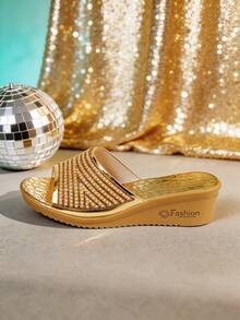1 Pair Women's Elegant Gold Pearl And Rhinestone Open Toe Wedge Platform Sandals, Bling Slip On Slides For Summer Vacation And Dressy Occasions - الذهبي - مشاهدة 8