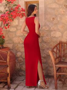ADYCE 女士V领侧开衩修身正式连衣裙，适合舞会、派对、鸡尾酒会、毕业典礼、盛大晚宴、婚礼宾客等场合，春季派对优雅之选。 - 紅色 - 查看 2