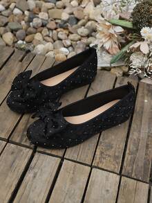 Giày bệt nữ mùa xuân/hè mới, kiểu dáng ngọt ngào, đính nơ và đá, mũi tròn, kiểu dáng slip-on, thời trang, đa năng, phù hợp đi làm. - màu đen - Xem 6