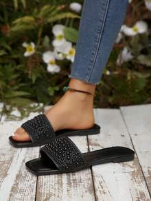 Plus Size Women's Sandals, Backless Summer New Silver Square Toe Flat Sandals, Fashion Non-Slip Soft Bottom Rhinestone Slippers, Suitable For Dresses, Legs Appear Longer, Beach Shoes For Ladies - Black - View 4