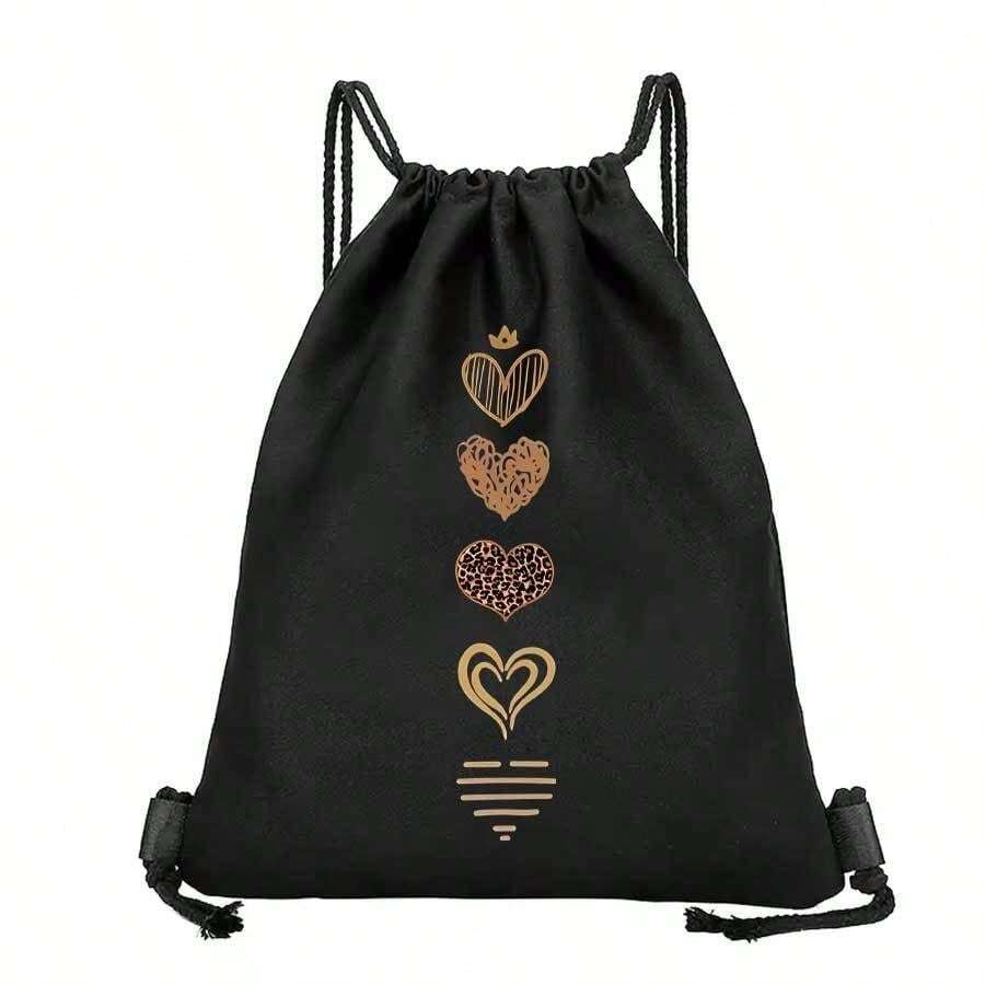 1pc Leopard Print Heart Pattern Black Drawstring Bag, Soft Material, Ideal For Organizing Items. Suitable For Vacation, Fitness, Shopping, Sports And Yoga, An Excellent Spring/Summer Gift For Friends - Multicolor - View 1