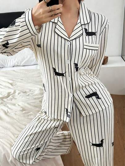 Dreamivo Bộ đồ ngủ nữ 2 món, áo sơ mi dài tay cổ bẻ in hình chó Dachshund có túi và quần dài, đồ ngủ mặc nhà cho nữ phù hợp mọi mùa.