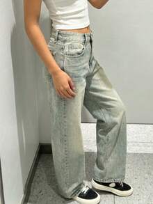 Quần jeans nữ cỡ lớn kiểu retro tối giản, cạp chun, dáng rộng, ống đứng, thoải mái. - Màu xanh hải quân - Xem 3
