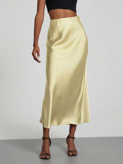 Se-Helo Fashion Women's Elastic Satin Finish Maxi Skirt - Sunlight Yellow Spring Elegant