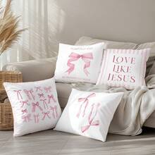 4pcs Minimalist Pink Bow Decorative Pillow Case Set, Single-Sided Printed Soft Peach Velvet Material, 45*45CM Cushion Cover Suitable For Indoor Decor, Party Decoration, Decorative Pillow Gift - Multicolor - View 7