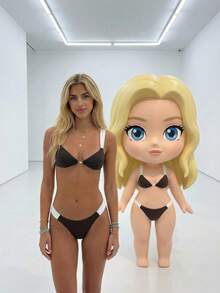 New Spring/Summer Women's Brown & White Contrast Ruched Sexy Elegant Beach Vacation Date Party Bikini Set - Multicolor - View 1