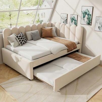 L-Förmiges Polsterbett, Schlafsofa 140x200 Cm Mit Geblümter Rückenlehne Und Ausziehbett In Beigem Samtstoff