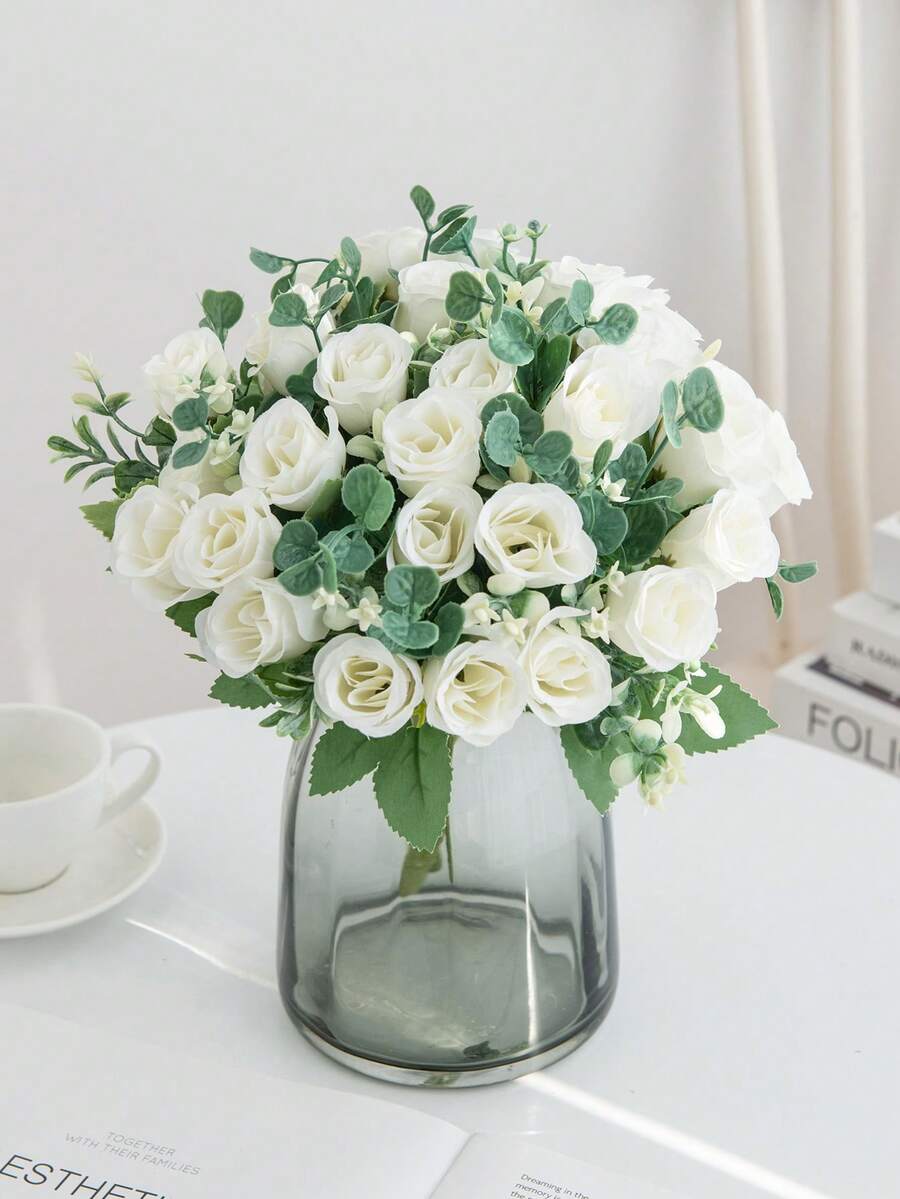 1 pieza Ramo de flores de rosa artificial, decoración del hogar, decoración de boda, decoración de mesa, decoración del hogar de primavera, decoración de habitación, decoración de balcón, decoración de cocina, decoración del comedor, accesorio de dormitorio, decoración de sala de estar, decoración de fiesta, ramo de novia, fiesta de cumpleaños, decoración de pared, decoración de la casa, regalo de cumpleaños, decoración de jardín al aire libre - Blanco - Ver 1
