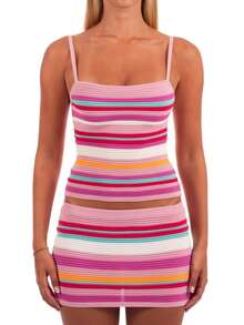 Women 2 Piece Knit Outfit Striped Mini Skirt Set Sexy Knit Crop Cami Tank Top Low Waist Bodycon Short Skirt Y2k Matching Going Out Party Beachwear - 粉色 - 查看 7