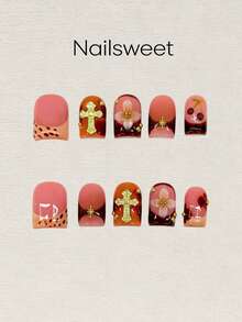Vintage Amber Acrylic Press On Nails With Gold Cross & Floral Decor, Short Square False Nails - Pink - View 11