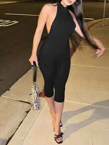 Women Causal Halter Backless Solid Summer Streetwear Party Going Out Jumpsuit - Black - View 2