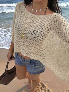 Women's Asymmetrical Hem Knit Top, Suitable For Beach & Vacation In Summer - Apricot - View 3