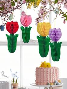3pcs Tulip Flower Center Decorations, Paper Tulip Honeycomb Decor, Spring Home Decor, Pink & Yellow Flowers, Suitable For Office, Garden Party, Dining Table Center, Mother's Day, Spring Hanging Decor - Multicolor - View 7