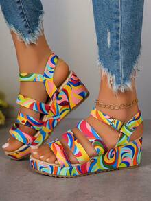 Women's Abstract Color Wedge Sandals, Casual Open Toe Thick Bottom Shoes, Comfortable Ankle Strap Sandals - Color - View 13