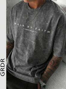 GRDR Men's Letter Print Washed Round Neck Short Sleeve T-Shirt, Comfortable & Breathable For Summer Wear - Dark Grey - View 1