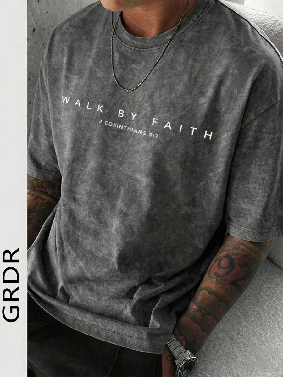 GRDR Men's Letter Print Washed Round Neck Short Sleeve T-Shirt, Comfortable & Breathable For Summer Wear - Dark Grey - View 1