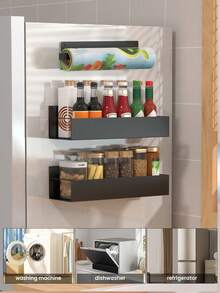1/2pcs Black Metal Magnetic Storage Rack, Floating Magnetic Hanging Shelf, Organizer Rack, Suitable For Kitchen, Bathroom, Refrigerator, Microwave, Washing Machine Side, No Drilling Multi-Purpose Shelf, Practical Rack - Multicolor - View 12