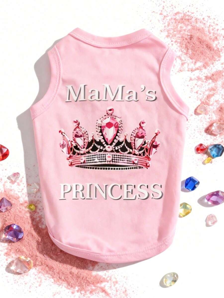 LUCKIE LABO 1pc Mama's Princess Rhinestone Crown Funny Print Pet Vest, Physical Anti-Flea & Reduce Shedding, Insulation & Breathable, Suitable For Small & Large Dogs, Indoor & Outdoor - Pink - View 1