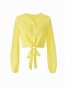 Blusa elegante y versátil con nudo delantero de unicolor para mujer, apta para uso casual, en el hogar, para ir al trabajo y en citas, color negro, primavera - Amarillo - Ver 4
