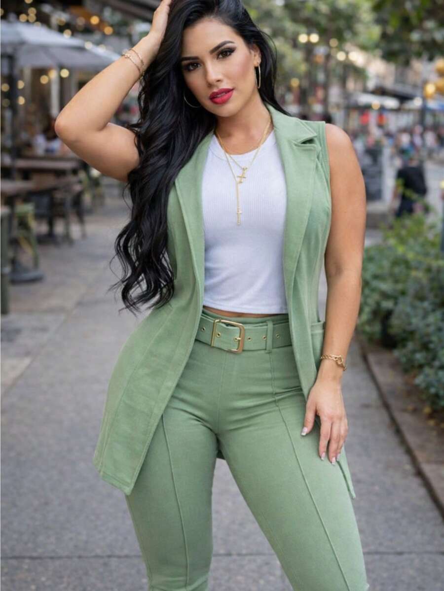 Set 3 pzs chaleco blusa pantalon tela suave crepe casual formal elegante - verde menta - Ver 1