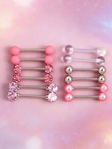 12pcs Fashionable Stainless Steel Ball Nipple Rings & Tongue Rings, Suitable For Daily Wear - 12-piece Set - View 2