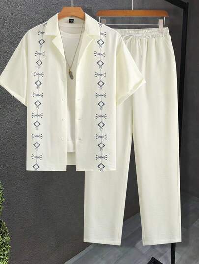 Camisa de manga corta de tela similar al lino y pantalón con cordón y cintura elástica, con estampado desgastado en la parte delantera de la camisa, adecuado para uso casual, vacaciones, salir con amigos, fiestas, oficina, negocios minimalistas, especialmente apropiado para primavera y otoño