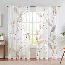 2pcs Set Minimalist Leaf Pattern Sheer Curtains, Featuring Brown Leaf And Berry Patterns, 2D Flat Print, Modern Minimalist Style, Good Light Permeability, Suitable For Bedroom, Dining Room, Kitchen And Living Room - Multicolor - 2pcs - View 1