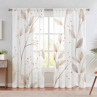 Conjunto de 2 cortinas transparentes minimalistas com estampa de folhas, apresentando folhas marrons e frutos silvestres, estampa plana 2D, estilo minimalista moderno, boa permeabilidade à luz, adequadas para quarto, sala de jantar, cozinha e sala de estar.