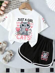 Set de 2 piezas de camiseta y pantalones cortos con estampado de gato de dibujos animados, conjunto cómodo y refrescante para niñas - Blanco - Ver 1