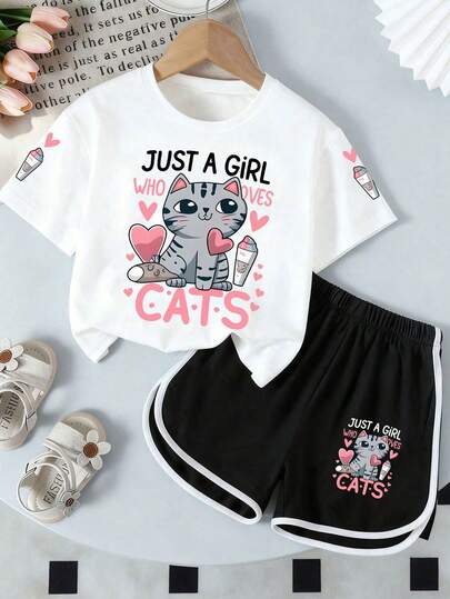 Bộ 2 món đồ mùa hè, áo thun và quần short in hình mèo hoạt hình, trang phục thoải mái và tươi mát cho bé gái.