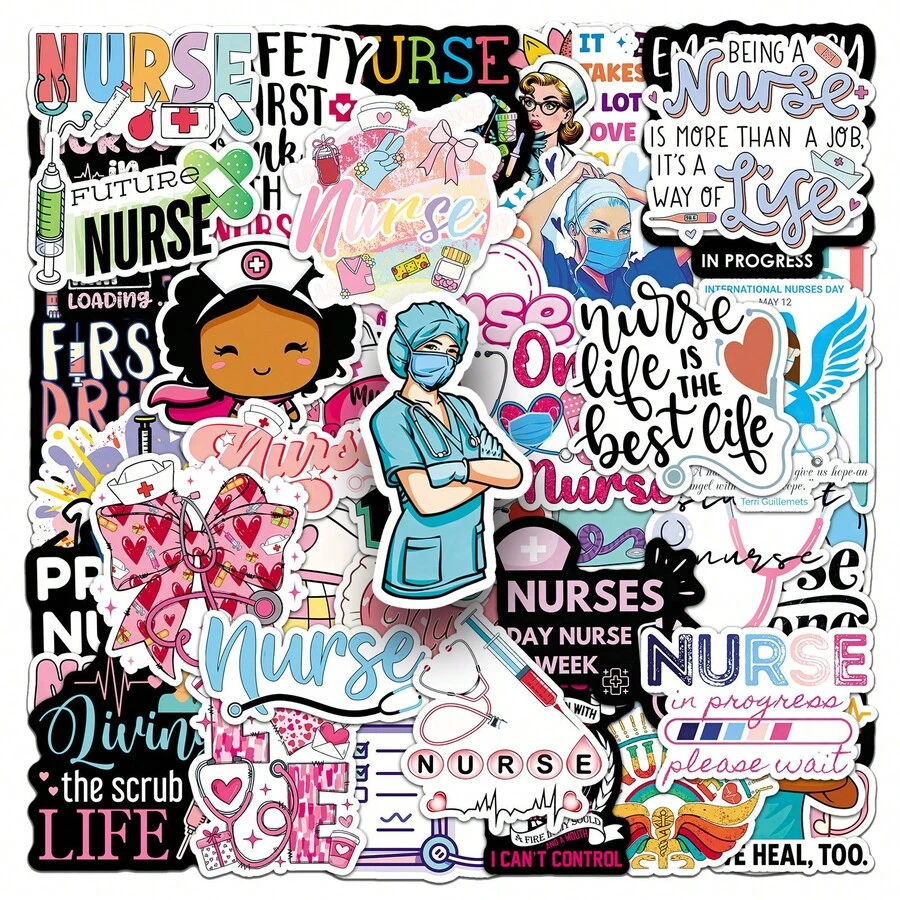 50 miếng dán ngộ nghĩnh chủ đề Ngày Y tá, hình dán mũ bảo hiểm y tá hoạt hình, miếng dán chống thấm nước dùng cho bình nước, máy tính xách tay, điện thoại, hành lý, sổ tay, tủ lạnh.