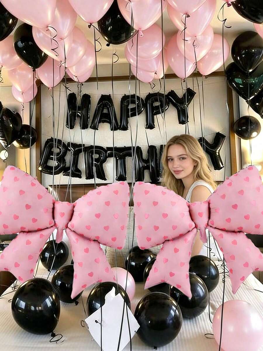 52pcs 16" Black "HAPPY BIRTHDAY" Letter Balloons Set, Birthday Balloon Banner, Large Pink Polka Dot Bow Balloons, 18" Heart Balloons, Black & Pink Latex Balloons For Birthday Party Decor - Birthday Suit - View 1