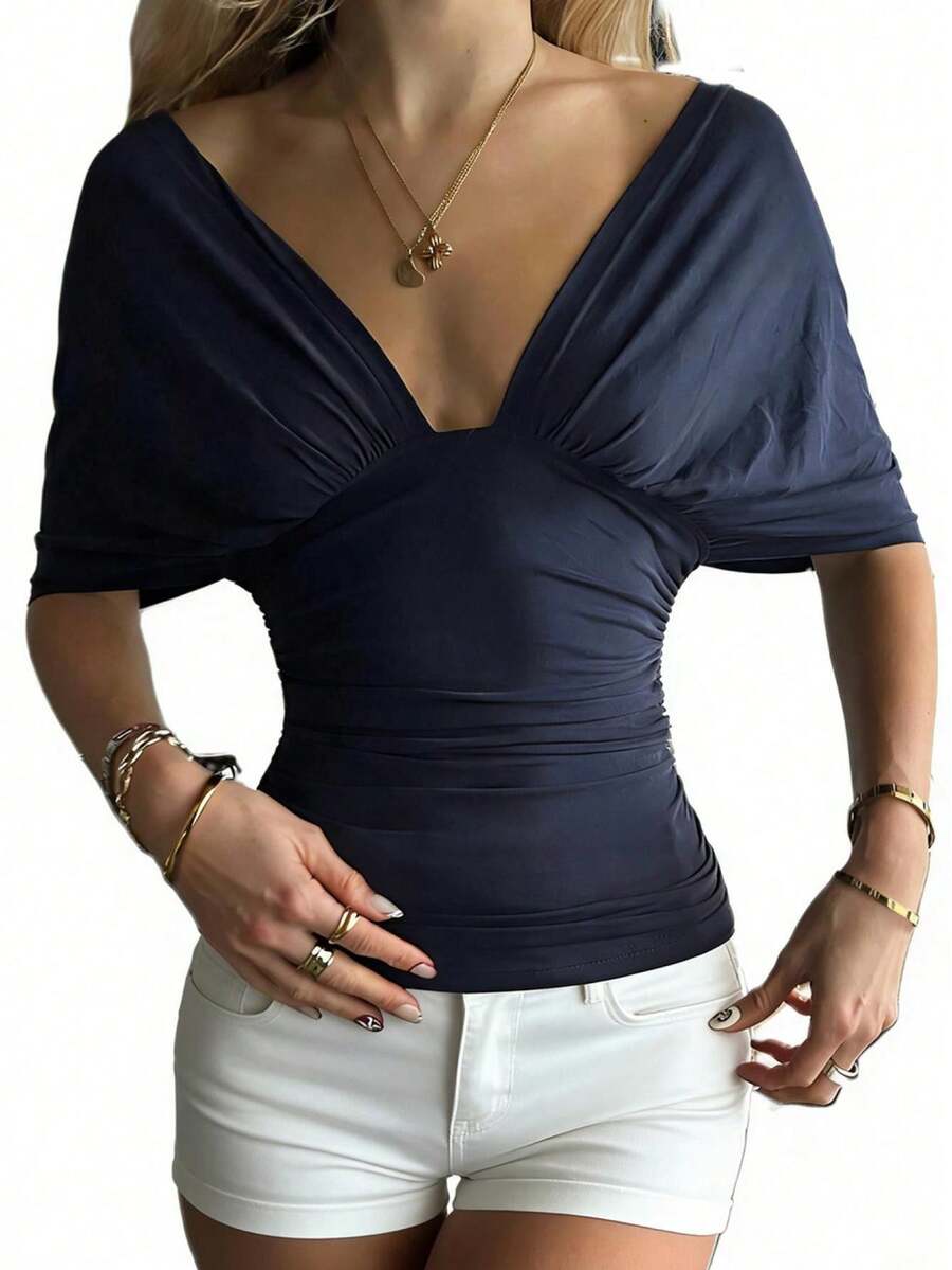 Y2K Women's 2-In-1 Solid Color Convertible Crop Top, Halter Off Shoulder Back Tie Ruched Self-Cultivation Top For Club Party - Navy Blue - View 1