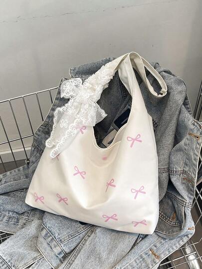 New Arrival Sweet & Artistic Butterfly Embroidered Canvas Tote Bag, Versatile Korean Casual Style, Cream White & Blue Shoulder Bag With Scarf, Suitable For Spring/Summer